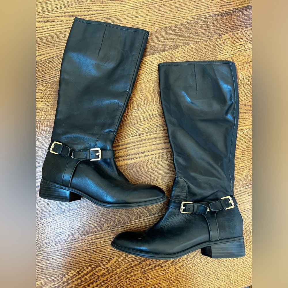 RALPH LAUREN Marion Black Leather Boots‎ with Gold Buckles Harness Strap 6.5